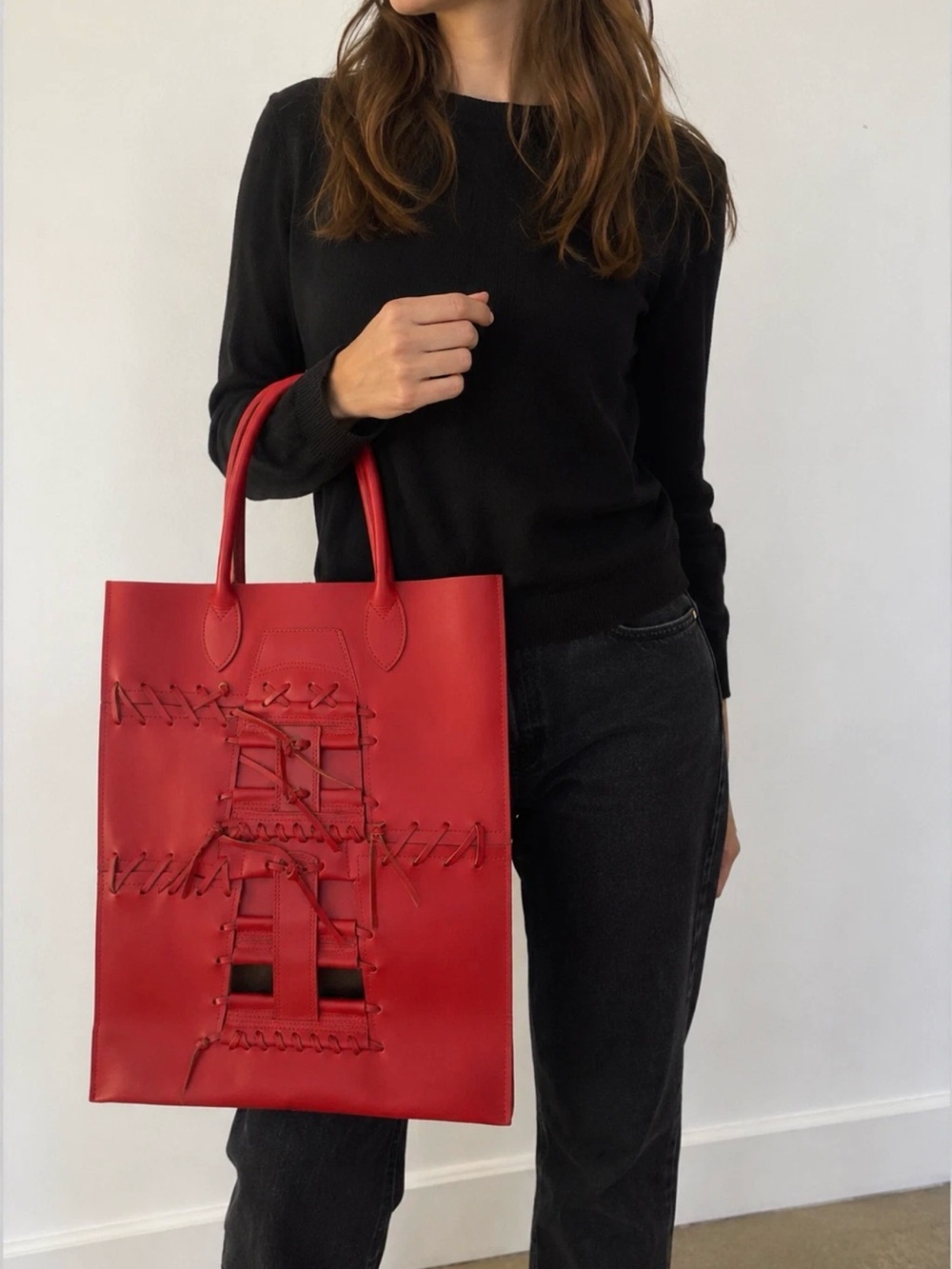 Comme des Garçons Red Leather Tote Bag Lace Up Cutout Art Designer Japan Rare